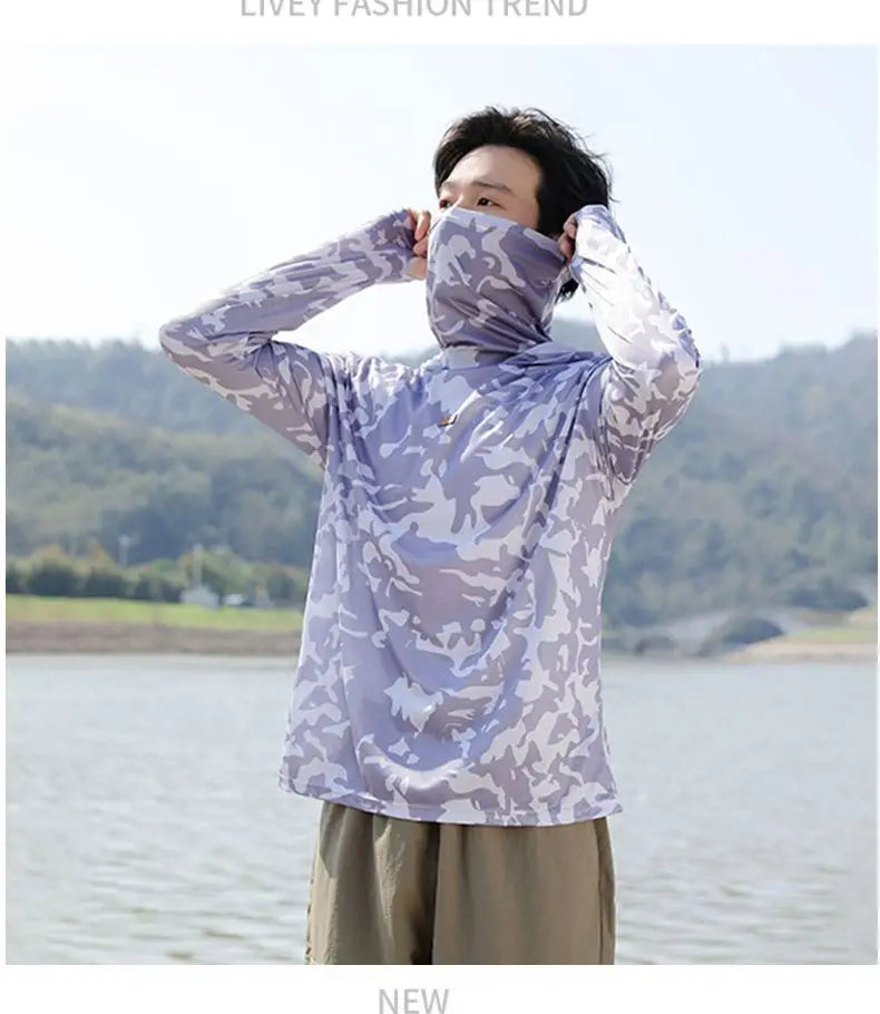 Mens UPF50+ T-Shirt Hoodie Tight Sports Casual Sun Protection T-Shirt Running Quick Dry Hoodie Sunscreen Fishing Men's Clothing