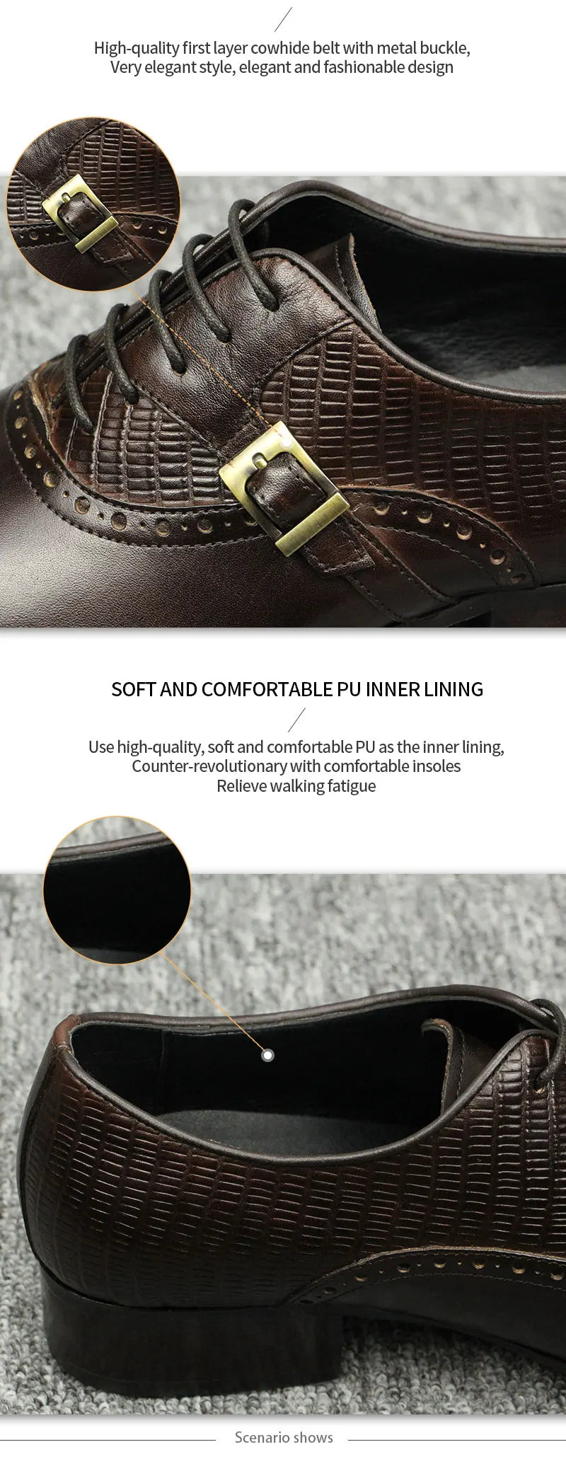 Deluxe Genuine Leather Brogue Shoes Formal Oxford Lace-up  Dress Shoes Handcrafted Male Business Office Man Side Metal Buckl