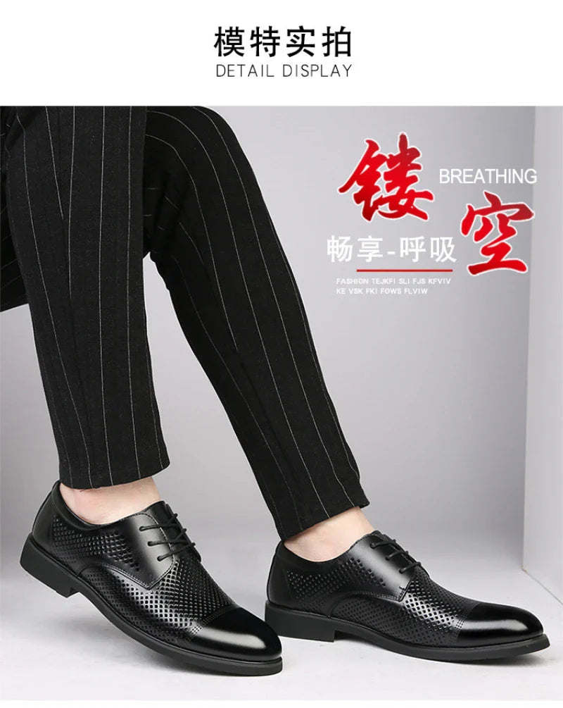 Mens Black Genuine Leather Perforated Cap Toe Lace Up Formal Business Oxford Shoes Breathable Summer Office Casual Dress Shoes