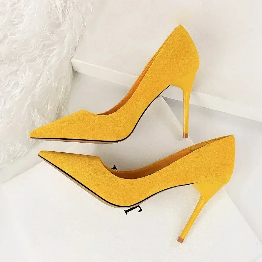 Women 9cm High Heels Daily Party Colorful Suede Pumps Female Scarpins Stiletto Evening Banquet Red Yellow Shoes Plus Size 34-43