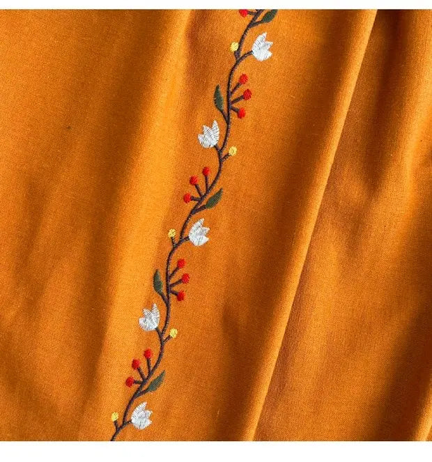 Retro Ethnic Sle Long Sve Embroidered round Ne A-Line Cotton Linen Dr Slimming Waist Cinched Ele Long Dr