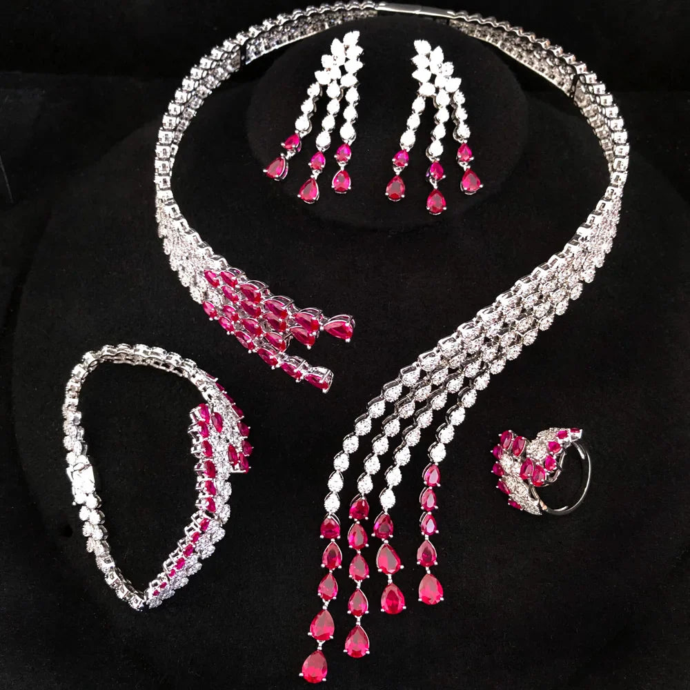 Trendy 4PCS Luxury Turquoise Statement Jewelry Sets For Women Wedding Cubic Zircon Indian African Dubai Bridal Necklace