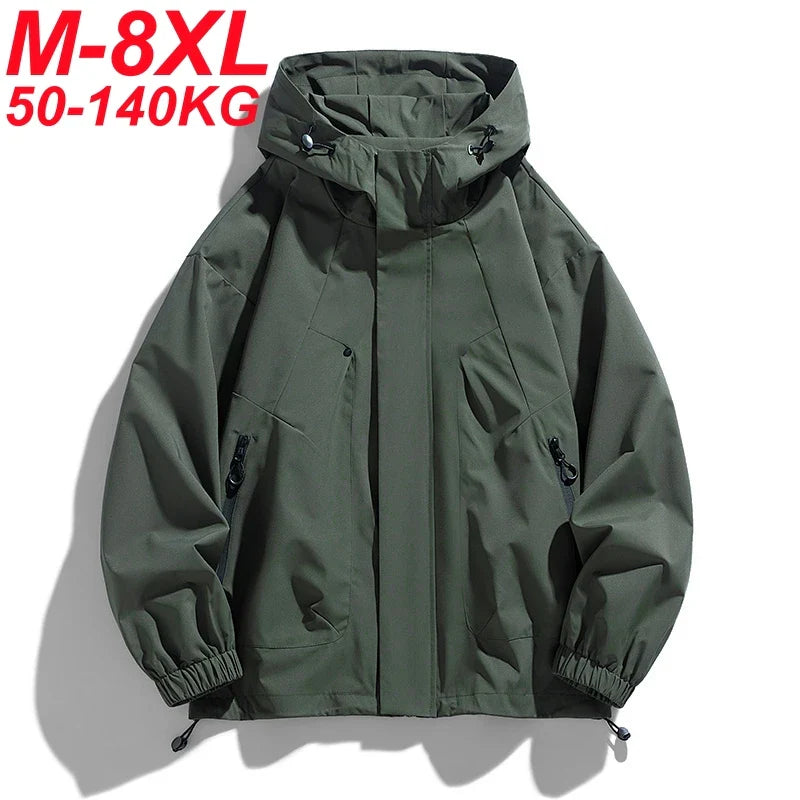 جاكيت رجالي بغطاء للرأس سترة واقية معاطف مطرية مقاسات كبيرة 6XL 7XL 8XL مقاسات إضافية مقاوم للماء أسود بومبر للتخييم فضفاض رفيع سوفتشيل
