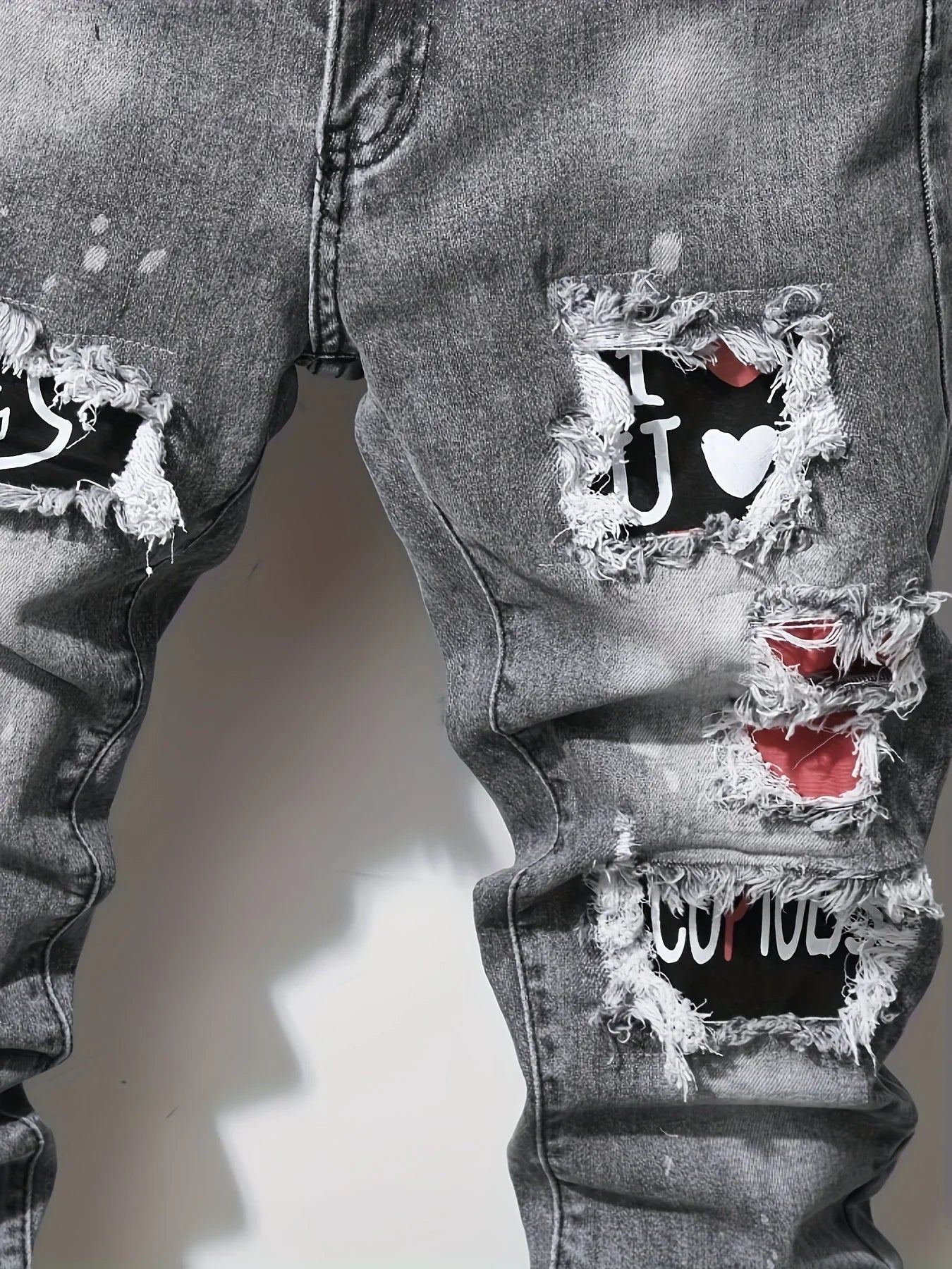 Men's slim fit ripped long denim pants, tight jeans with pockets, side straps, and zippers, men's jogging pants, ripped stretch