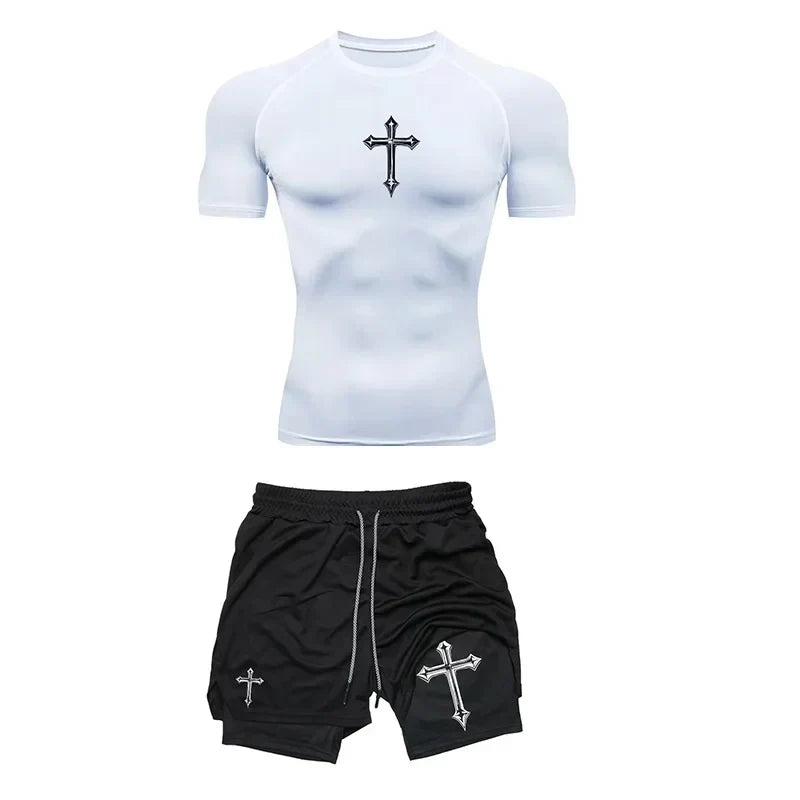 Jogging Breathable Compression Sportswear Summer Men's Training Two-piece Tight T-shirt Fitness Shorts Gym Workout Set RL0008