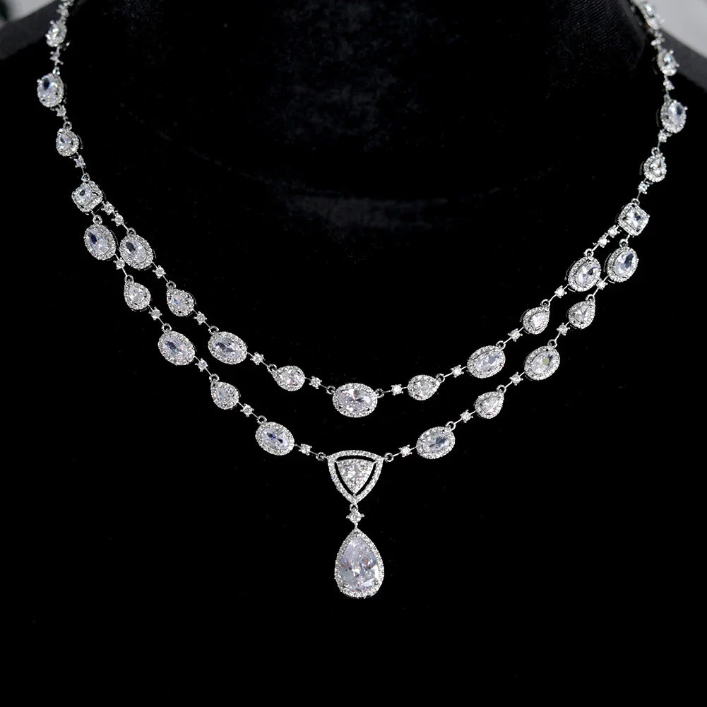 White Transparent Two-layer Water Drop 2PCS Crystal Necklace and Earring Zircon Jewelry Sets Wedding Party Bridal Accessories