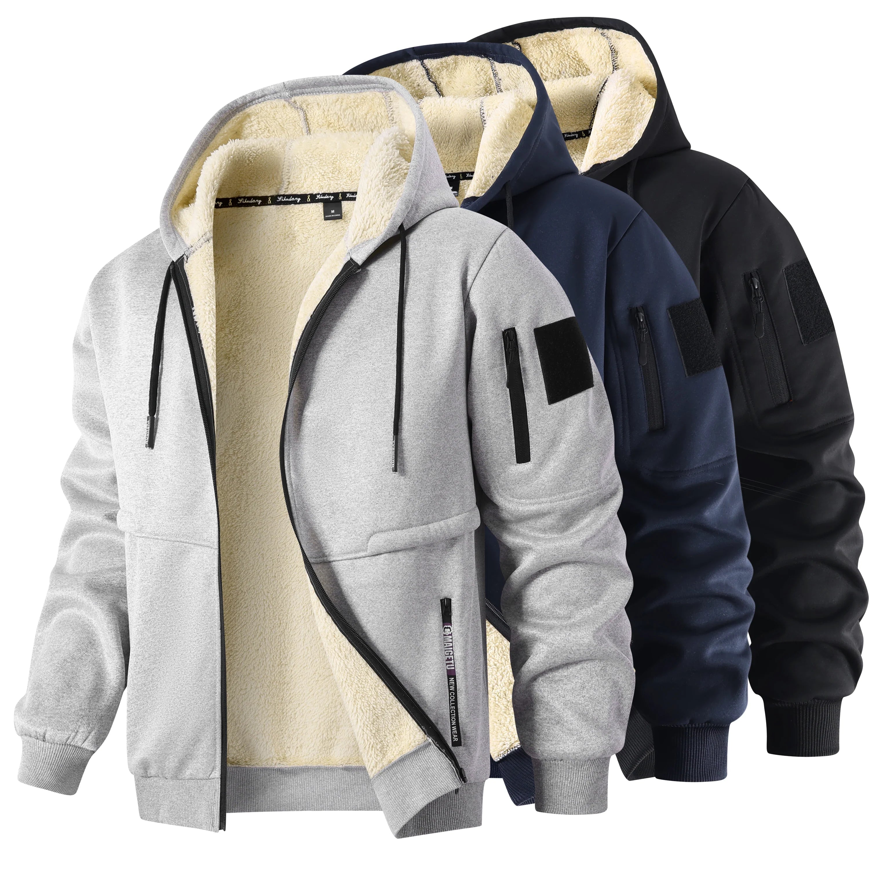 Men's Casual Thickened Wool Jacket Warm Zipper Hoodies Cardigan Sports Long Sleeve Sweatshirts Hooded Coat