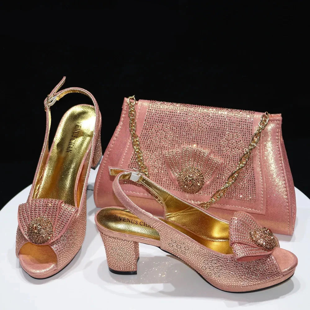 Ladies Thin Heels Shoes and Bag Set Decorated with Rhinestones For Women Party