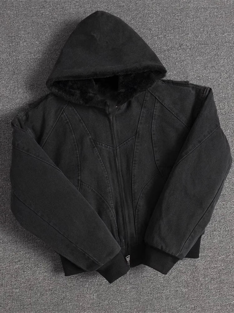 Autumn Winter Short Thickened Warm Oversized Canvas Washed Padded Jacket with Faux Fur Inside Loose Casual Hoodie