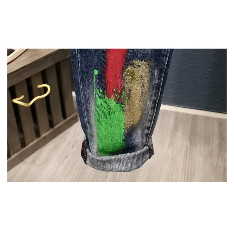 Men's Jeans Fashion Spray Paint Ripped Hole Personality Hip-hop Streetwear