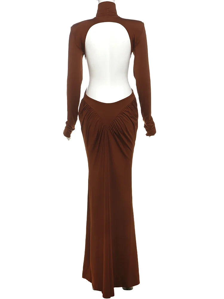 Sisterlinda Shirring Sheath Maxi Dresses High Street Classic Full Sleeve Straight Shoulder Backless Vestidos Mujer Evening Wear