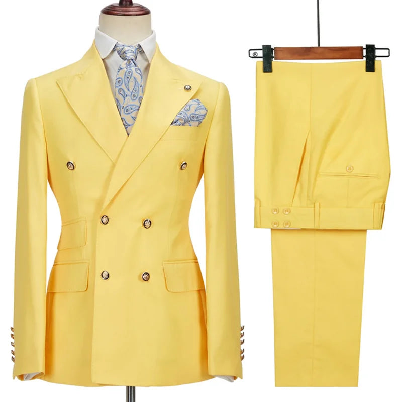 Men Suit 2 Pieces Beige Double Breasted Solid Color For Business Casual Wedding Groom Banquet Work Tuxedo Set Jacket With Pants