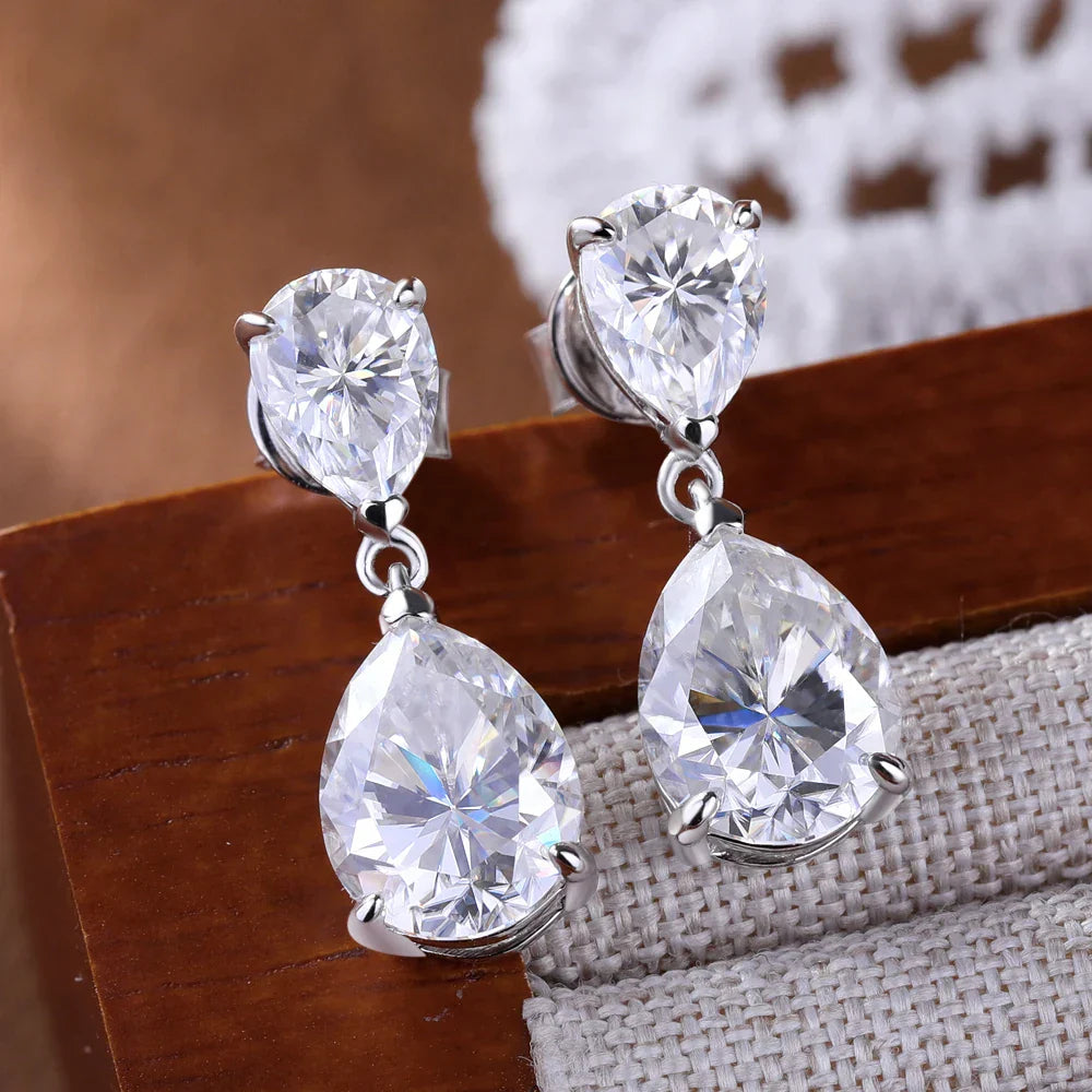 Waterdrop Moissanite Drop Earrings for Women Double Pear Cut Diamond Ear Stud 925 Sterling Silver Fine Jewelry with Certificate