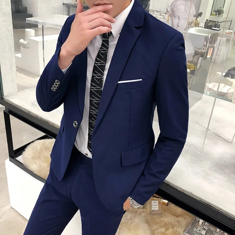 ( Jacket + Pants ) Fashion Boutique Solid Color Casual Business Mens Suit Groom Wedding Men Formal Social Suit Blazer 2 Pcs Set