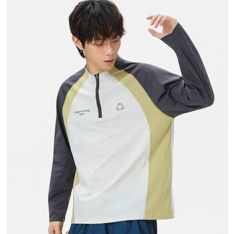 Men's Retro Colorblock Raglan Sleeve Long Sleeve T-Shirt – Loose Fit Half-Zip Athletic Top with Moisture-Wicking Fabric