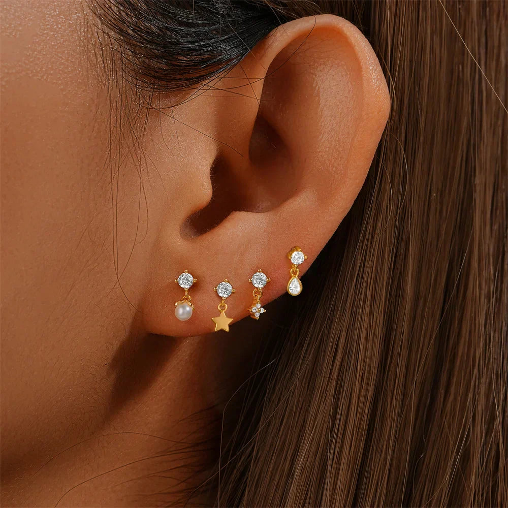 925 Sterling Silver Star/Flower/Pearl Zircon Dangle Earrings For Women 1pc Simple Earrings For Women Girl Wedding Gift
