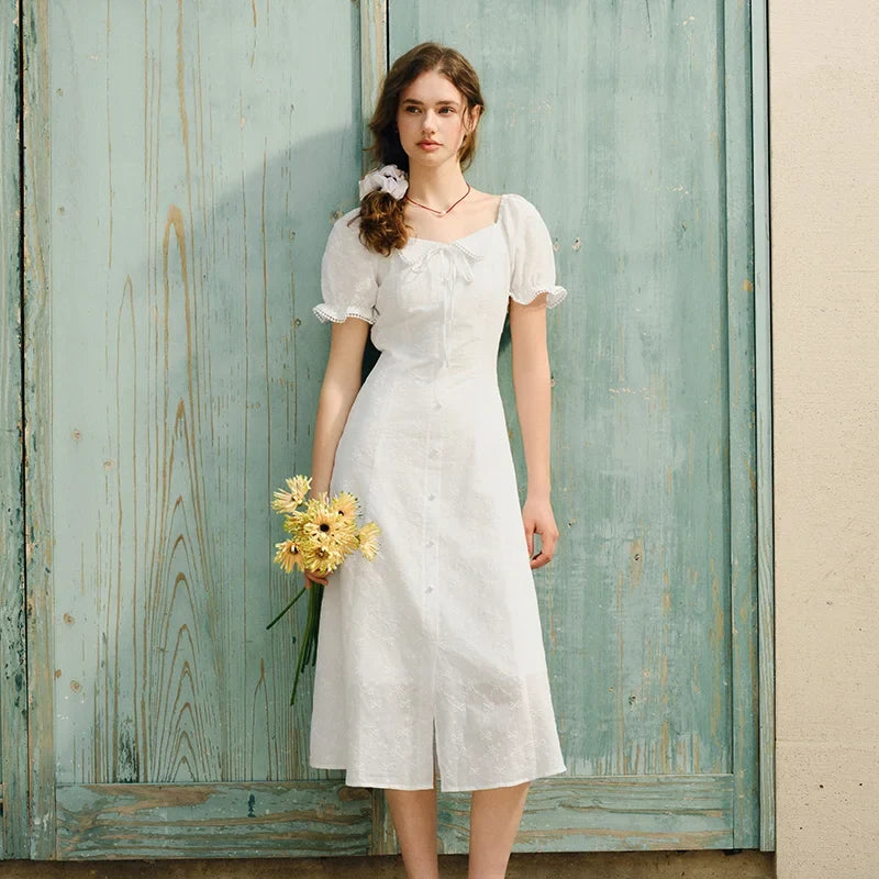 Dress Women Embroidered Elegant 2025 New Summer Lace-trimmed Collar Puff Sleeve Little White Dress for Summer