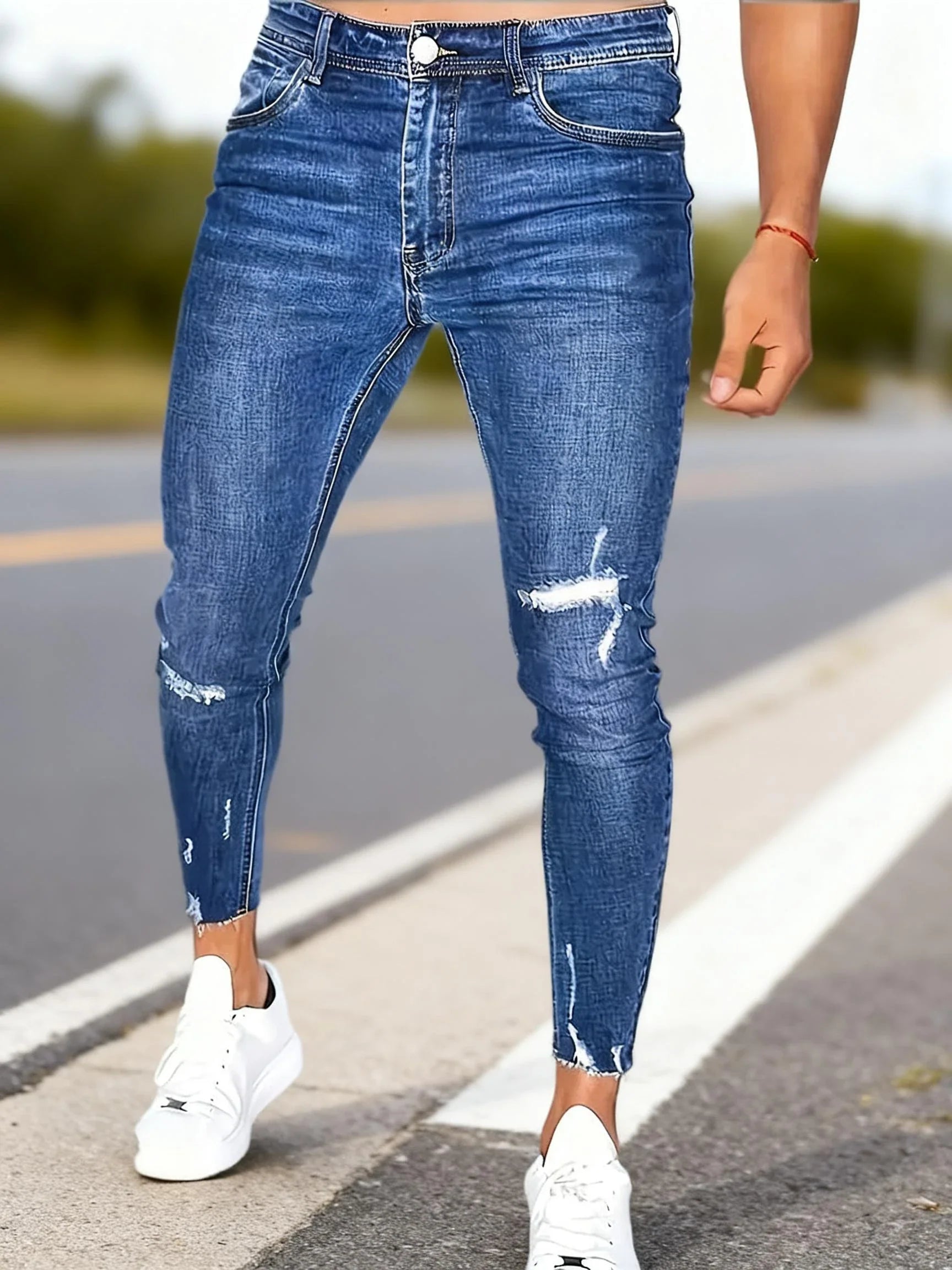 Men's Slim-fit Stretch Denim Pants, Comfortable Elastic Waistband, Casual Street Style, Perfect for Daily Wear and Outdoor Looks