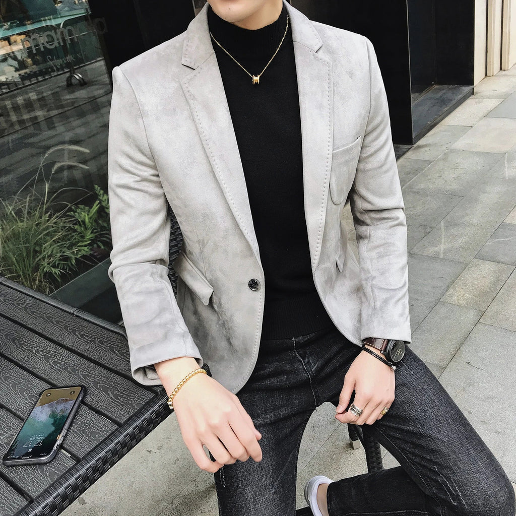 Blazer Hombre Men's Casual Slim Fit Deerskin Velvet Suit Jacket High-quality Korean Luxury Formal Solid Color Suit 6 Colors