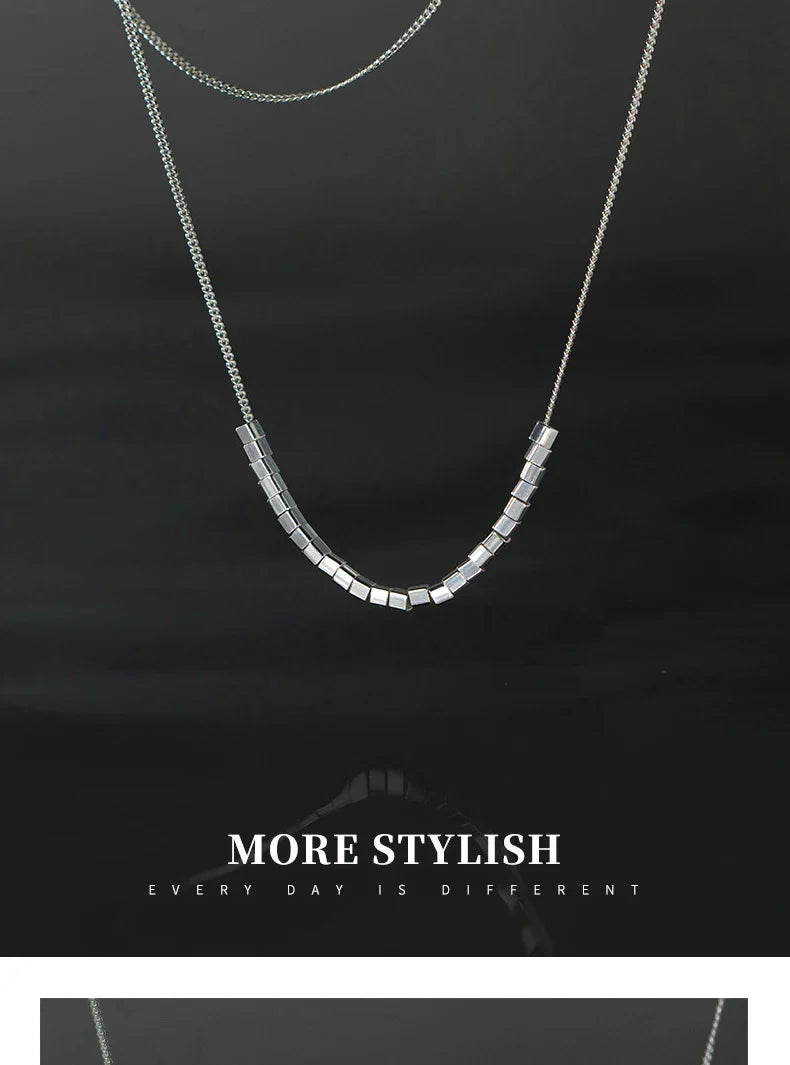925 Sterling Silver Slide Block Sparkling Necklace Basic Chain Link Simple Fine Jewelry For Women Valentine's Day Gift