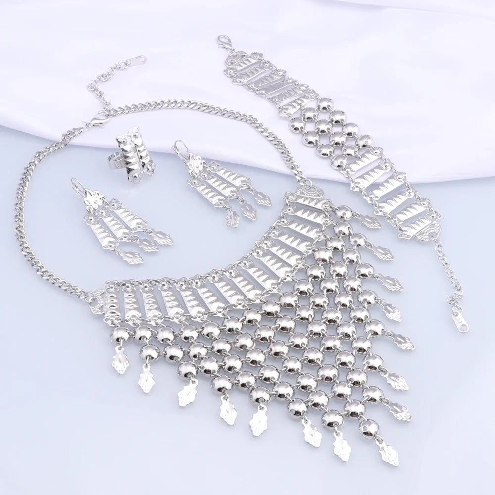 New Tassels Silver Plated Necklace Earrings Bracelet Ring Set for Women Bridal Chains Ethinc Wedding Jewelry Bride Gifts