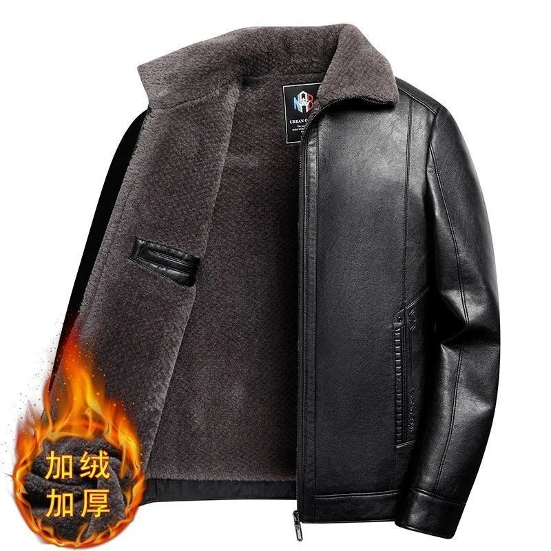 Autumn and Winter Fashionable Solid Color Plush Thick Warm Leather Jacket for Men's Casual Loose Sport Windproof Large Size Coat