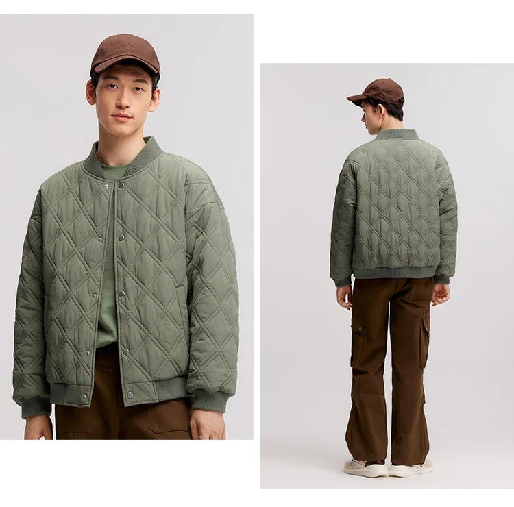 Cotton Jacket Men 2024 Winter New Slightly Wrinkled Quilted Rhombus Texture Thin Baseball Trendy Cotton Jacket