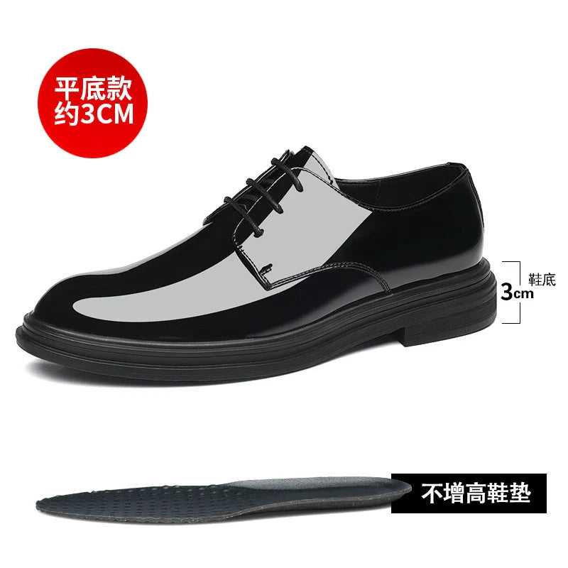 Mens Black Patent Leather Lace Up Dress Shoes With Thick Sole Platform Block Heel Formal Business Wedding Party Office Work Shoe
