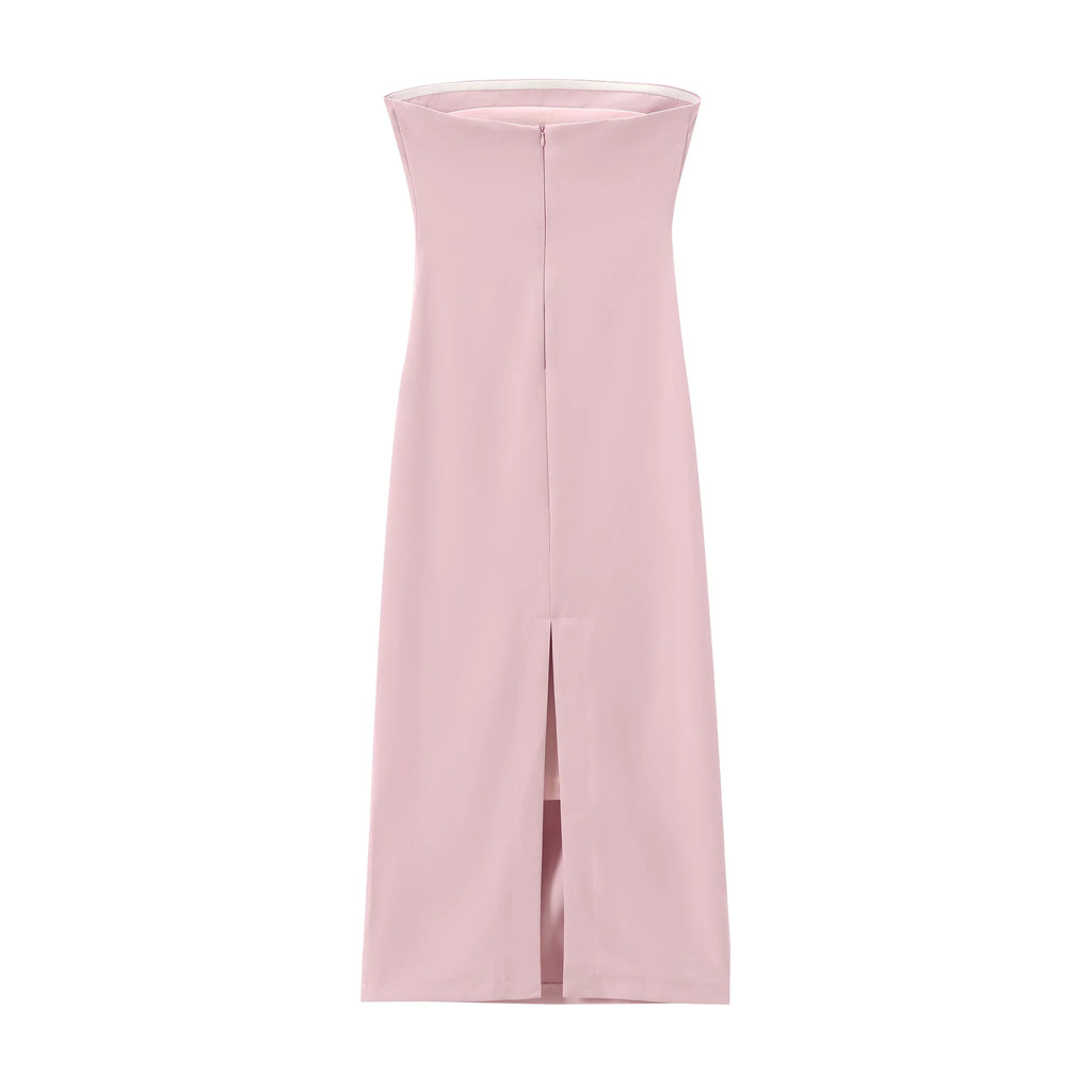 Women Fashion Summer New Sexy Split Back Zip Pleated Sleeveless Strapless Dress Chic Female French Elegant Evening