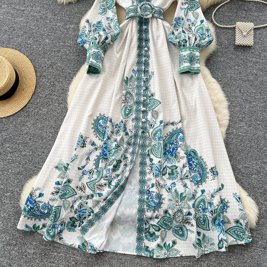 Retro Faion Print Stand Collar Single Button Women's Dr Waist Cinched Floor Length Skirt Korean Sle High Waist Long Sl...