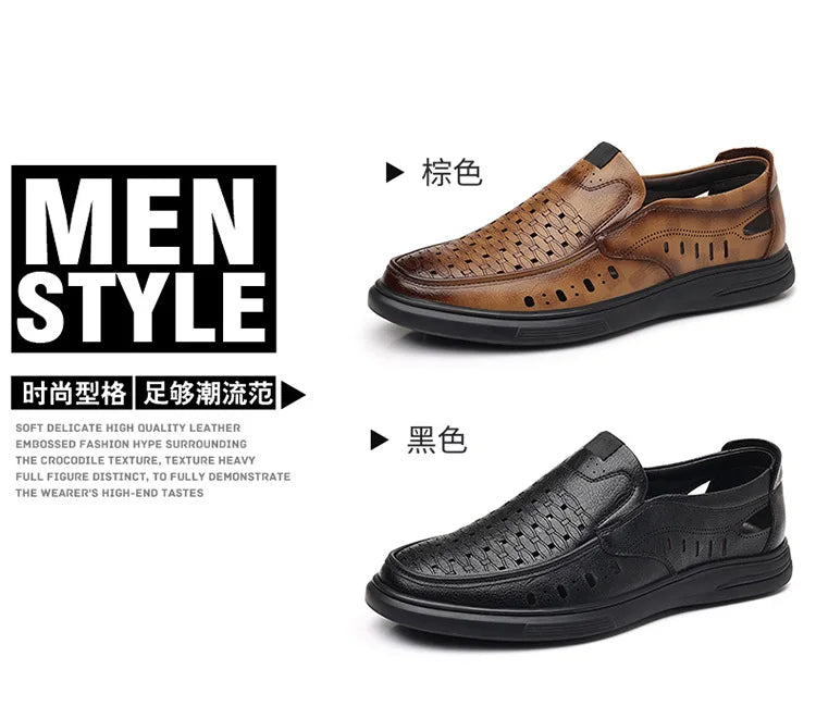 Spring Summer New Hallow Breathable Loafers for Men Fashion Casual Leather Shoes Male Solid Color Soft Sole Designer Shoes Man