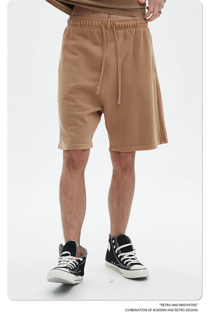 Fashion Summer Men 420gsm Washed Cotton Shorts Retro Unisex High Street Terry Knee Length Short Pants Streetwears HY0845