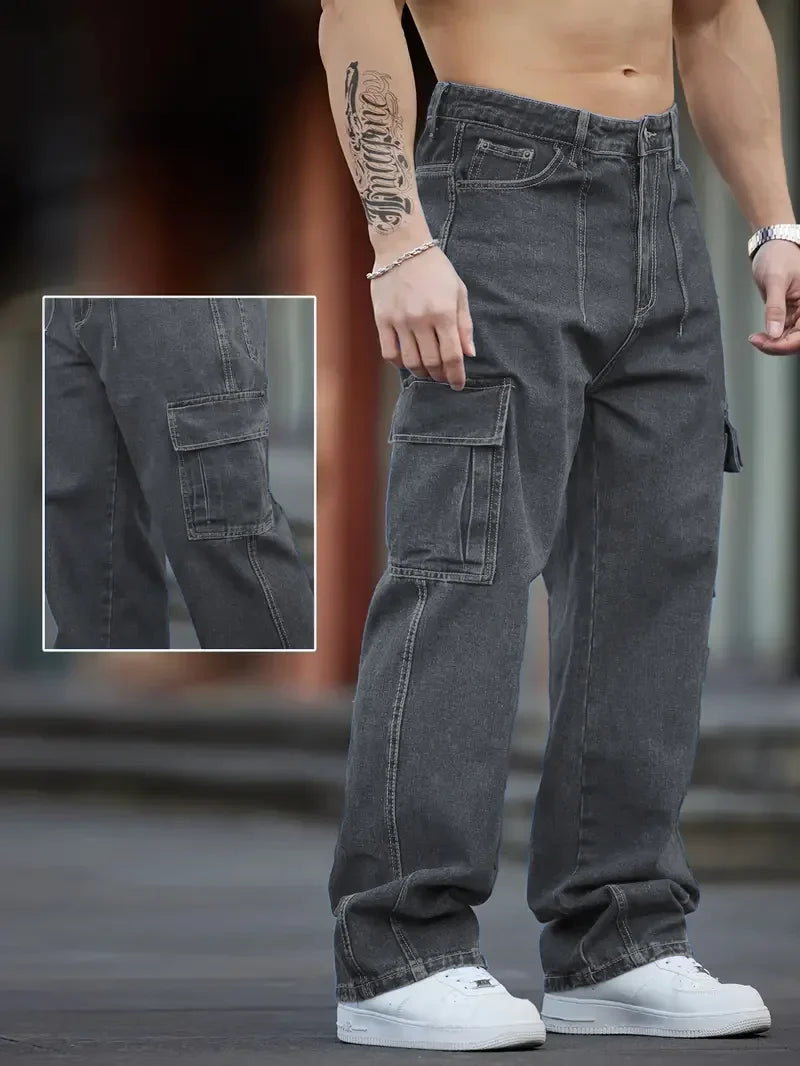Men's Deep Blue Washed Denim Workwear Jeans Casual Multiple Pockets Design Loose Wide Leg Trousers Y2K Style Cargo Pants