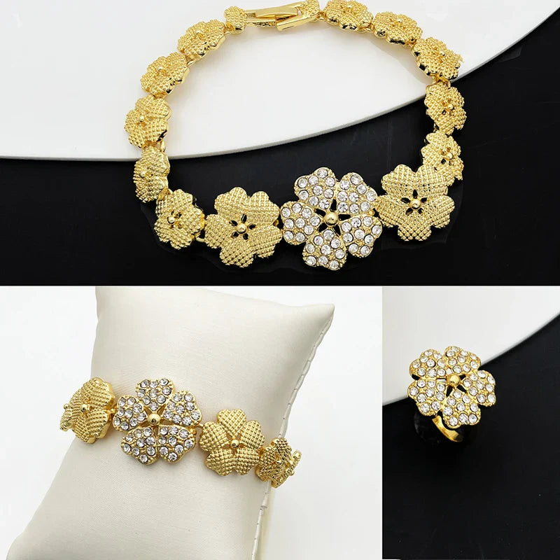 Dubai Nigeria Jewelry Sets For Women Luxury Design Five Petals Flower Pendant Necklace Earring Bracelet And Ring