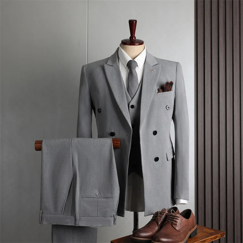 Man Suit Outfit Double-breasted Blazer Men V-neck Vest Straight-leg Pant Male Slim Business Wedding Three-piece Set