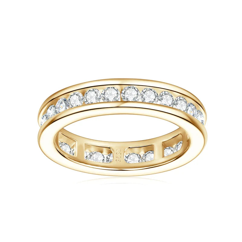 S925 Silver Groove Inlaid D VVS1 Round Moissanite Ring for Women Fashion Wedding Ring Eternity Band with Certificate