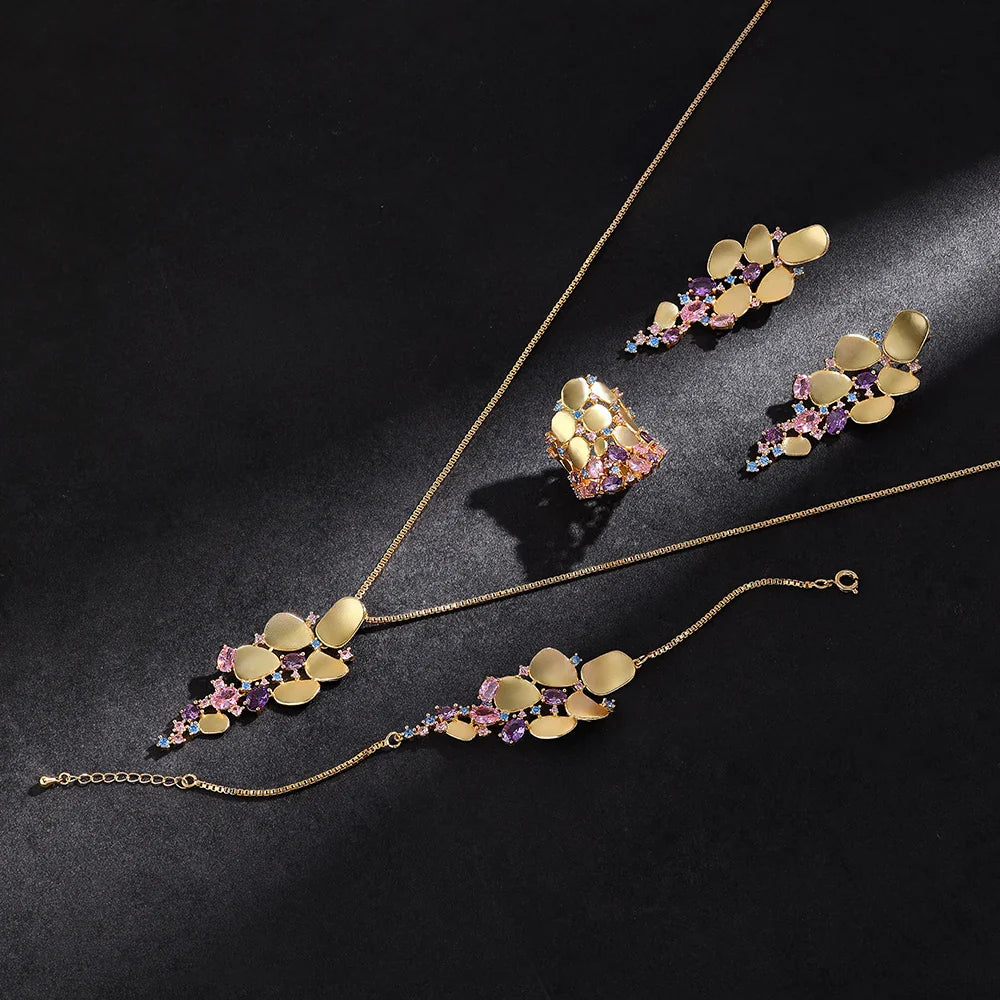 Dubai Saudi Arabia Trendy Gold Plated Pendant 4pcs Necklace Set Fashion Women Cubic Zirconia Jewelry Sets Bridal Accessories