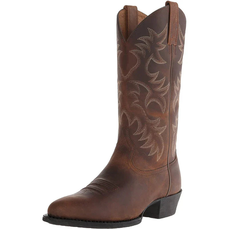 Luxury Men Boots Mid Calf Western Cowboy Motorcycle Boots for Men Autumn Outdoor PU Leather Totem Boots Retro Designed Men Shoes
