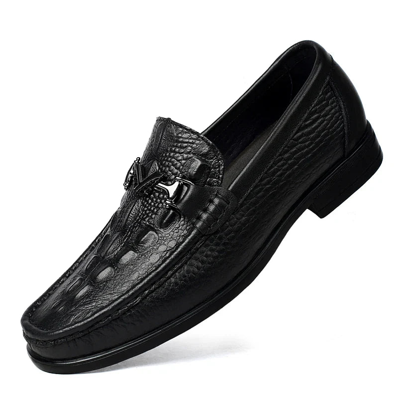 High Quality Round Toe Breathable Loafers Fashionable Brand Men's Comfortable Crocodile Patterned Casual Cowhide and Bean Shoes