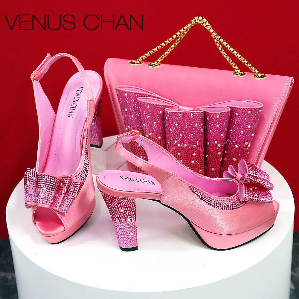 High Quality Yellow Color Fish Beaked Toe Cap Thin Heels Ladies Shoes Matching Bag