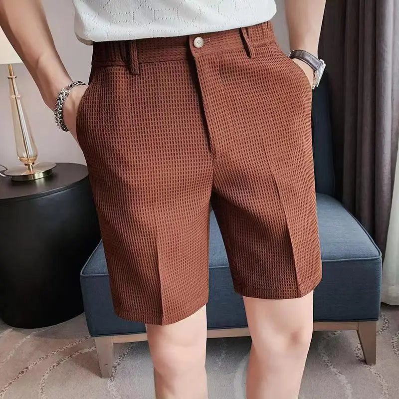Men's Shorts Plaid Texture Solid Straight-leg Business Social Elastic Waist Button Short Pants Loose Knee Length Casual Short