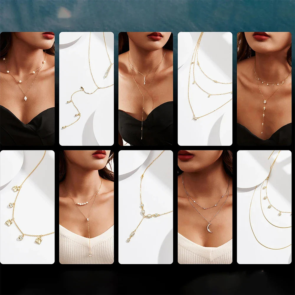 Real 925 Sterling Silver Necklace with CZ Classic Waterdrop Choker Chain Fashion Colar for Women Fine Jewelry BQN16
