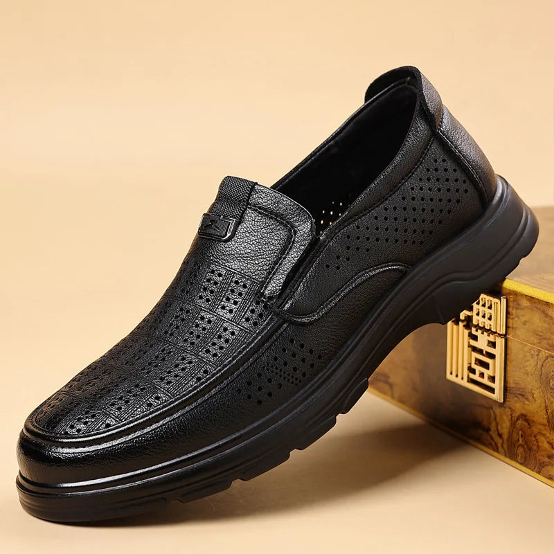 Men's Summer Breathable Leather Loafers Brown Hollow Out Slip-On Shoes Male Thick Sole Comfortable Non-slip Work Shoes for Man