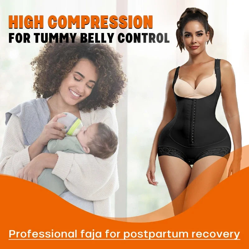 Postpartum Bodysuit Shapewear Women Tummy Control Butt Lifter Faja Body Shaper Open Crotch With Hooks Design