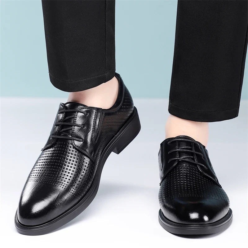 Men's Summer Breathable Leather Shoes British Style Comfortable Soft Business Formal Derby Shoes Hollow out Design-SJ6607-1