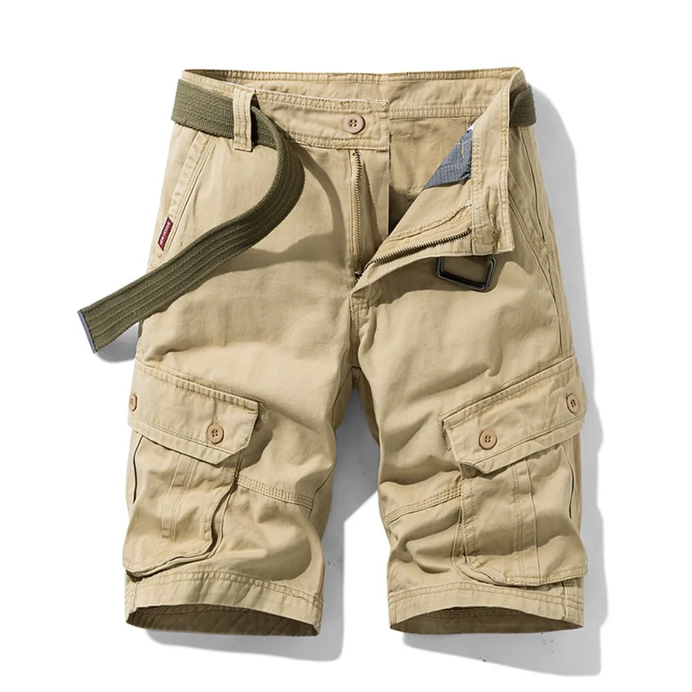 Summer Cargo Shorts Men's Pure Cotton Vintage Washed Multi Pocket Casual Straight Leg Trendy Knee Length Pants Streetwear