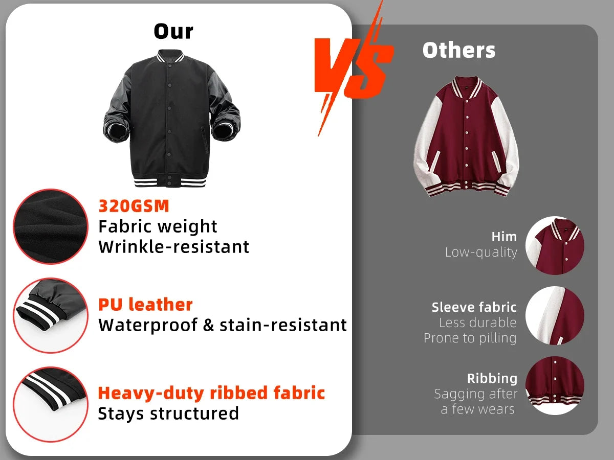 Men's Classic Varsity Jacket with Faux Leather Sleeves Letterman Style Baseball Coat Color-Block Lightweight Men's