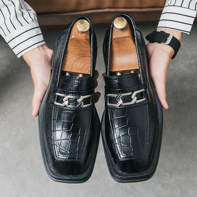 Fashionable Dress Loafers For Men, Crocodile Embossed Chain Decor Slip-on Dress Shoes