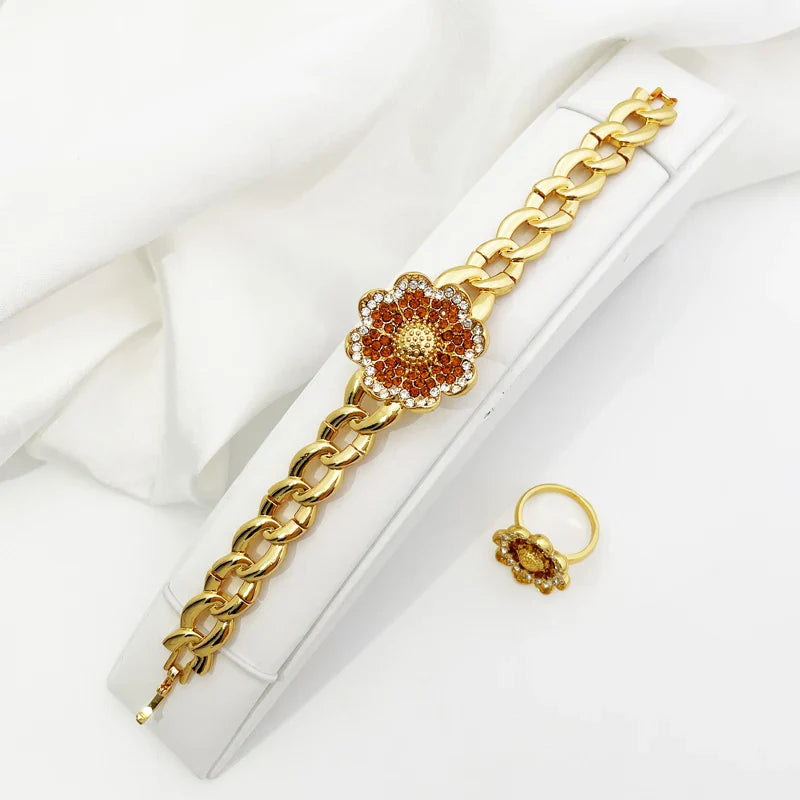 Vintage Jewelry Sets For Women Plant Flower Big Pendant Quality Necklace Earrings Ring Bracelet Set Jewelry Trending