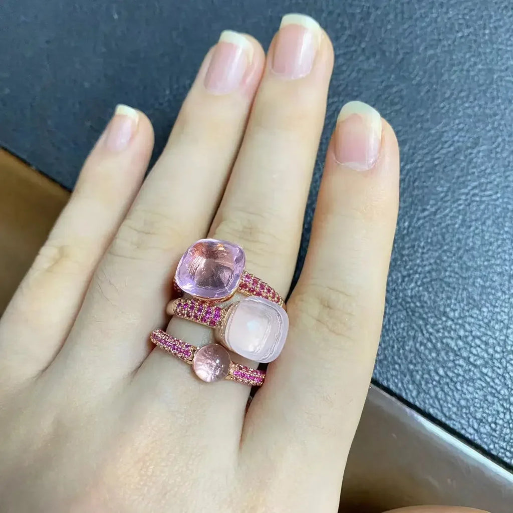 3Pcs/Set Nudo Ring Stacking Set for Women Mix Color Candy Crystal Inlay Zircon Amethyst Blue Topaz Round Jewelry Gift